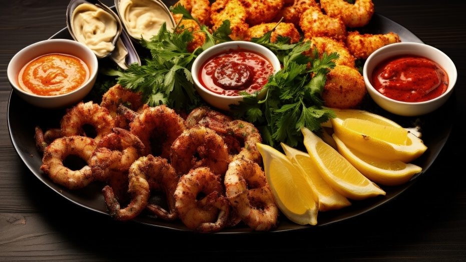 A plate if fried shrimp, mussels, and calamari